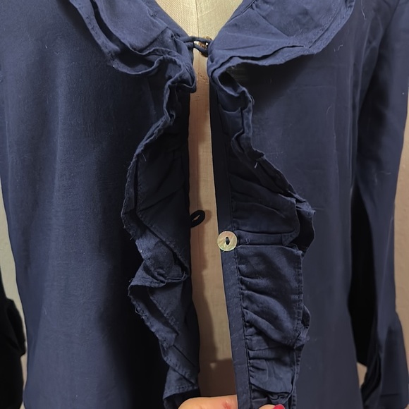 ELIZABETH Hurley Cotton Beach Navy Beach Cover Ruffle Neck and Sleeve size M - Picture 5 of 11